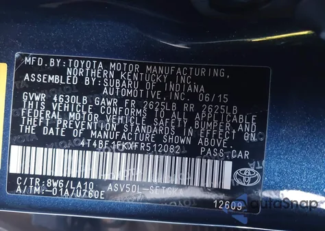 2015 Toyota Camry Xle z USA, uszkodzony, nr VIN 4T4BF1FKXFR512082